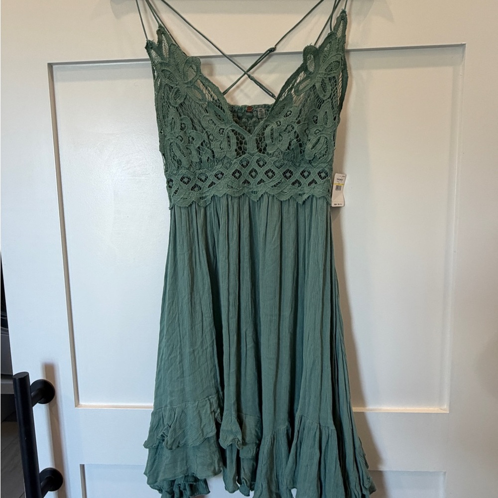 Free People Short Crochet Bodice Spaghetti Strap Dress in Sage Green - Picture 2 of 10
